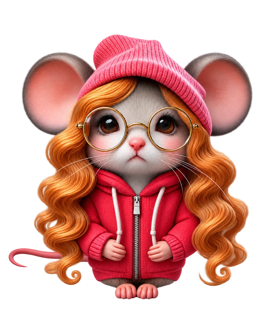 Mădălina as a mouse in glasses and a pink beanie